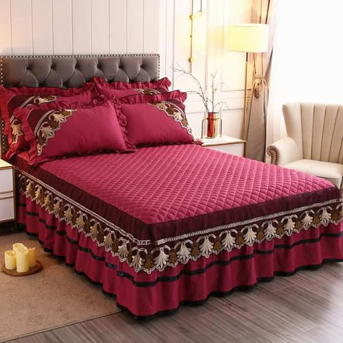 AMDXD 180x220cm Bett Volant Weich, Spitze Bettrock Stretch Einfarbig Weinrot Textilien Klassische, Baumwolle Betttuch für alle Jahreszeiten