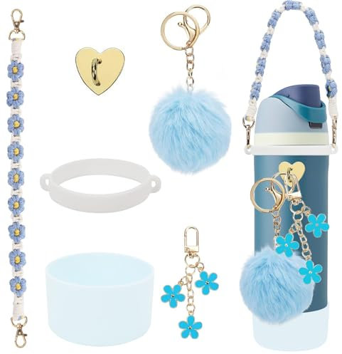 6Pcs Cup Accessories Set for Owala Water Bottle 24oz, 1Pcs Water Bottle Handle Strap, 1Pcs Siliocne Cup Boot, 3Pcs Charms for Owala Kids, Owala Coffee Tumbler, Owala FreeSip-Blue