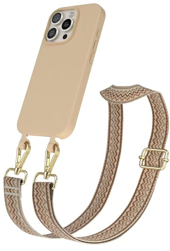 EAZY CASE - Hülle mit Band kompatibel mit iPhone 16 Pro Handyhülle für iPhone 16 Pro Schutzhülle Silikonhülle mit Handykette zum Umhängen 2in1 Hülle Handykordel Wellen - Beige Braun Metall Gold
