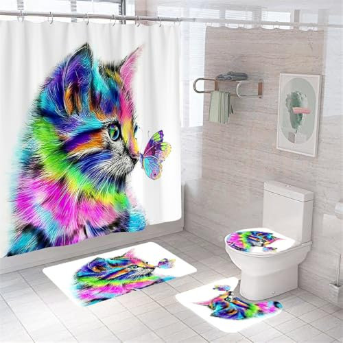 Badezimmerteppich Katze Schmetterling Badteppich rutschfest Waschbar Badgarnitur 3 Teilig – Badematte Set Mit Wc-Vorleger Und Badematte,Teppich Badezimmer Für Sicherheit Und Komfort Im Bad 45X75Cm