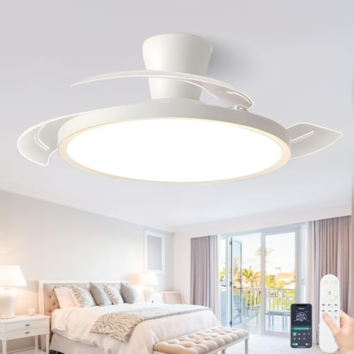 Fachae Intelligent Ceiling Fan Remote Control Silent Retractable Ceiling Fan LED Dimmable and Reversible Fan Lights Ceiling for Bedroom 6-Speed Fans for Living Room-White||121cm