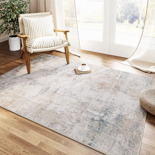 HUGEAR Beige Blau Teppich Wohnzimmer 90x150cm Waschbarer | Waschbarer Modern Abstrakter Teppich,Rutschfest, Kurzflorig, Weich, für Wohnzimmer, Schlafzimmer, Esszimmer,Büro