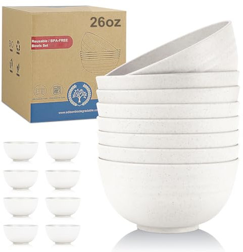 Wrova Kitchen Cereal Bowls Set of 8 - Plastic Bowls Reusable Dinner Bowl 26 OZ Lightweight & Unbreakable Bowl Set Microwave Safe Bowl for Kitchen - White