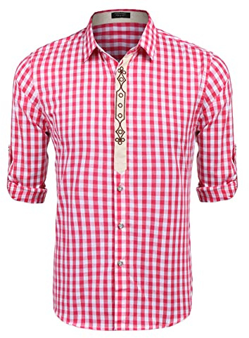 COOFANDY Herren Trachtenhemd Langarm Oktoberfest Hemd | Kariertes Hemd Regular Fit Karohemd Freizeithemd Plaid Shirt Bayrisches Hemd Männer Festhemd Oberteil