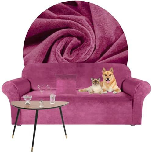Domidekor - Sofa Überzug Dunkelrosa - Couch und Sofabezug 3 Sitzer - Sofaüberwurf für Wohnzimmer - Sesselbezug Stretch - Elastische Samt Couchbezug - Breite 190-230cm - Oeko-Tex 100