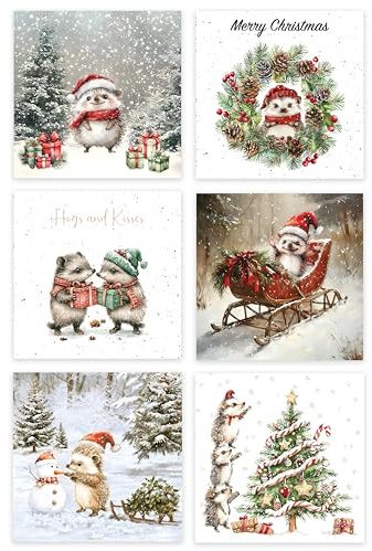 Weihnachtskarten 24 Stück – Weihnachtskarten 2025 – niedliche Igel-Designs – 11,5 x 11,5 cm – Grußkarte für Familie, Kinder und Freunde – hergestellt in Großbritannien
