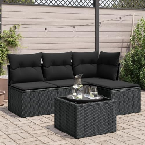 Massbinet Gartenlounge Gartenmöbel-Set Sitzgruppe aus Gartensofa Hocker und Beistelltisch Garten Terrasse Balkon 5-TLG. Garten-Sofagarnitur mit Kissen Schwarz Poly Rattan