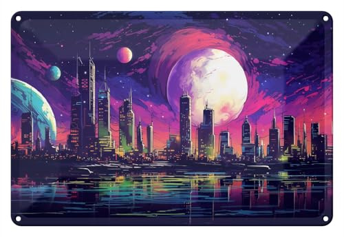Wallario Blechschild Wandbild aus Metall Zukunft unter fremden Himmeln - 20 x 30 cm in Premium-Qualität: Brillante Farben