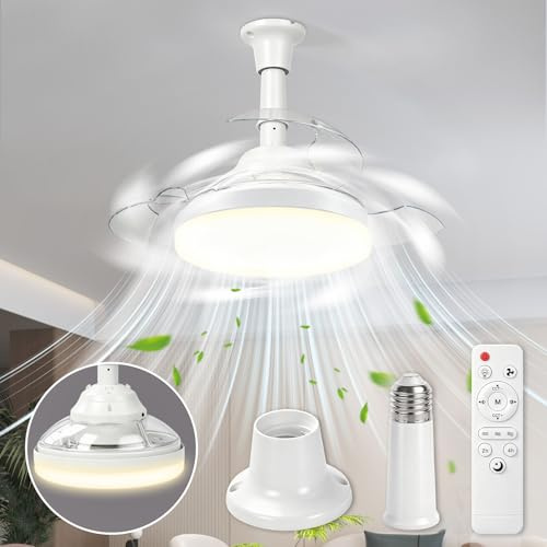 Herefun Ventilatore da Soffitto con Luce, 43CM Lampadario con Ventola pieghevole, E27 Silenziosa Plafoniera Led Soffitto Ventilatore con Telecomando, 3 Pale Nascoste, Memoria, Tempistica