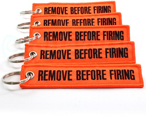Remove before Feuern Schlüsselanhänger – Neon Orange/Schwarz – 5 X