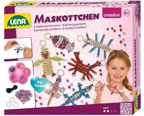 Lena 42690 Maskottchen groß - Lena Maskottchen Perlentiere Bastelset ab 6 Jahren, Mit 740 x Bastelperlen und 8 x Schlüsselringen, Schlüsselanhänger mit Perlen basteln