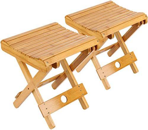 KEILEOHO Lot de 2 tabourets pliants en bambou naturel pour rasage, douche, repose-pieds, pique-nique, pêche 28 x 28 x 32,6 cm