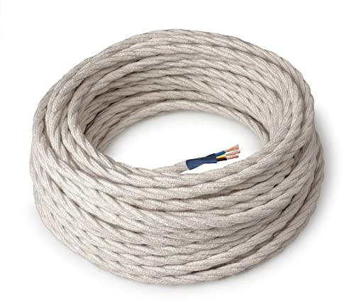 Amarcords - Câble électrique textile couleur LABRADOR, torsadé, lin, 3 mètres, avec mise à la terre 3x0,75 - Fil vintage en tissu coloré, pour lampes, lustres, appliques et abat-jours.