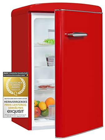 Exquisit® Frigorífico Table Top Retro, 122L, Clase F, Color Rojo, Cajón Verdulero, Altura Regulable, Ruedas Traseras, Estantes de Cristal, Luz LED, Consumo 112 kWh/año, Medidas 89,5x55x57,5 Cm