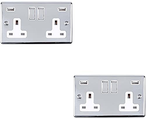 2 PACK | 2 Gang Single 13A Switched UK Plug Socket & Dual 2.1A USB Charger –CHROME & Grey Trim– Mains 240V 13A DP/Double Pole – Decorative Kitchen/Interior Wall Face Plate Power Outlet