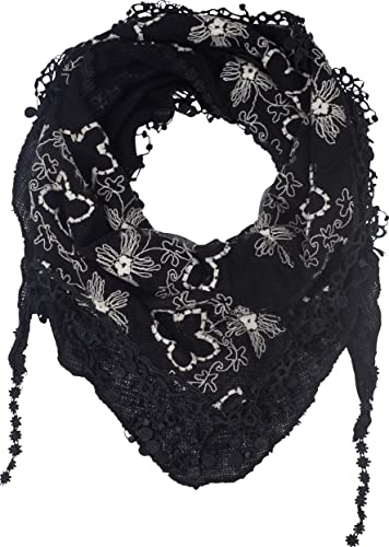 fashionchimp Damenschal mit Zier-Quasten und Muster-Mix Stickerei, Fransen-Schal, Dreieck-Tuch (Blumen-Schwarz)