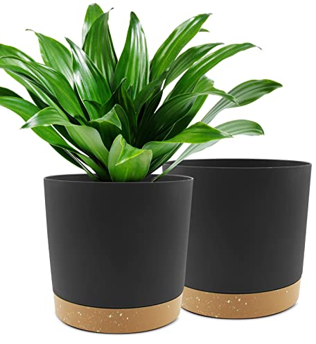 QCQHDU Bumentöpfe 2er Pack 25.4cm,Bumentöpfe für Zimmerpflanzen mit Entwässerungslöchern und abnehmbarem Boden,Untersetzer Modern Dekorativ für Garten Pflanzgefäße im Freien(Dunkelgrau 25.4cm