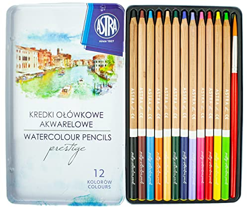 Astra Prestige 12 Aquarellstifte und Malpinsel mit Metallblech-Etui für Kinder und Erwachsene Künstler, Set mit FSC-zertifizierten, vorgeschärften Qualitäts-Zedernholzstiften