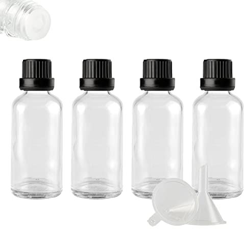 ZEOABSY 4 Stück Leer 50ml Braunglas Flasche mit Tropfmontur Originalitätsverschluss, Tropfflasche Klar mit Schwarz Schraubverschluss Glasflaschen für Ätherisches Öle Essenzen Aromatherapie