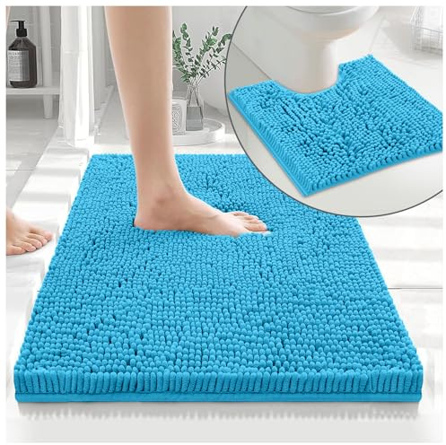 GC GAVENO CAVAILIA Soft Bath Mat Sets For Bathroom | 2 Piece Bath Mat Non Slip Back | Highly Water Absorbent & Fast Drying 100% Microfiber Chenille Toilet Rug with Pedestal Mat | Teal