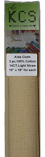KCS 3 pc of 15 x 18 Counted Cross Stitch Cotton Aida Cloth needlework Fabric,14CT,Light Straw