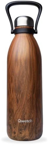 Qwetch - Grande Bouteille Isotherme - Wood 1,5L - 48h Froid et 16h Chaud - Etanche & Sans BPA - Gourde Inox avec Poignée de Portage - Thermos isotherme pour Pique-nique, Camping, Famille