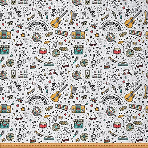 Loussiesd Möbelstoff mit Musikmotiv Meterware Gitarre Musikinstrumente Outdoor Stoff Meterware Retro Musikgeräte Dekorationsstoff für Polster und Heimwerkerprojekte 92x160cm weiß
