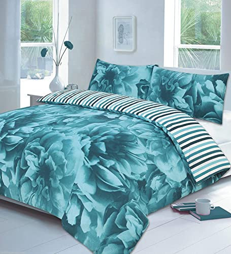 Night Zone Floral Duvet Cover Set Double Bed with Pillowcases Quilt Bedding Set Reversible Poly Cotton, Rose Teal (Teal, King)