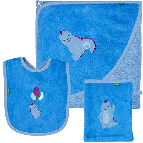 Smithy Handtuch Set 3-TLG. Dino | Baumwolle Mikrofaser Frottee | Baby Kapuzenhandtuch, Waschlappen, Lätzchen | Junge | Geschenk zur Geburt (blau)