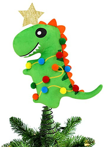 Dinosaur Christmas Tree Topper with Stand and Glitter Star Handmade T-rex Green Dinosaur Xmas Tree Ornament Winter Holidays Home Decorations Wreath Festive Kids Gift Ideas Supplies