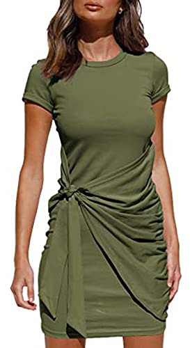 QKEPCY Femme Robe Moulante à Manches Courte Col Rond Casual Robe Casual Soirée Elégante Chic Printemps d'Été Basique avec Cordon Nœud Papillon (Vert Armée XL)