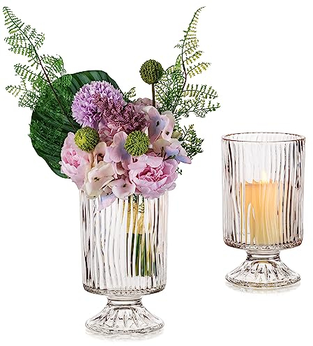 Glasseam Gerippte Glasvase für Blumen, einzigartige Kompottvasen und Sockelschalen, dekorative Blumenvasen für Tafelaufsätze, geriffelte Urne mit Fuß für Tischdekoration