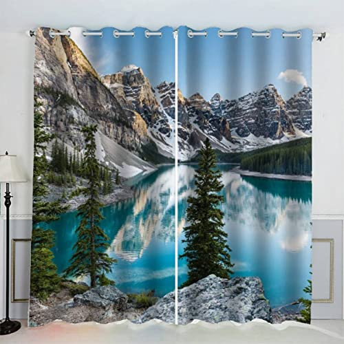 SUBIKA Vorhänge Ösen 2 Stück Gardinen 3D Drucken Moraine Lake Vorhang Polyester Schlafzimmer Geräuschreduzierung Luxus Hochwertig Landschaft Berge See Abdunklungsvorhänge 150x166（2x75x166）
