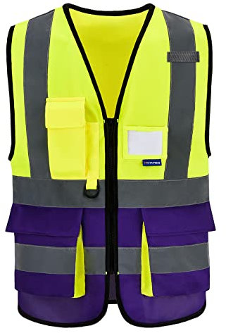 AYKRM Warnweste mit Reißverschluss vorne, hohe Sichtbarkeit, mit Handy- und Ausweisfächern, 21 Farben, Gelb und Violett, S