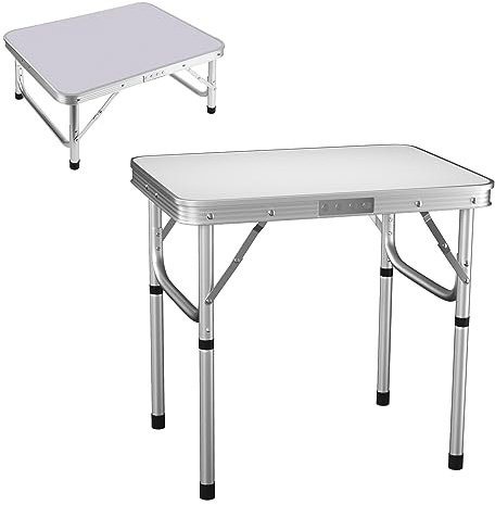 Bowose Aluminium-Camping-Tisch Klapptisch Leichter tragbarer Gartentisch für Picknick, Angeln, Grill, Strand, Party, platzsparender Klapptisch, 60cm x 40cm x 26cm/56cm Verstellbare Höhe (Weiß)