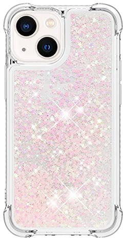 Wuhaizher iPhone 15 Case Glitter, 3D Bling Sparkle Quicksand Flowing Liquid Clear Transparent TPU Gel Silicone ShockProof Protective Phone Case for iPhone 15 Cover Girls, Silver & Pink