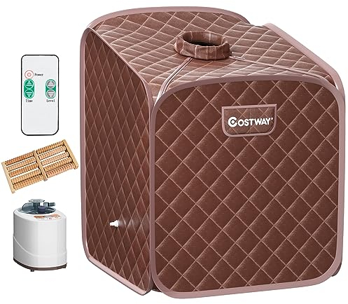 RELAX4LIFE Mini Dampfsauna 2L, Heimsauna mit Fernbedienung, Sitzsauna mit 9 Temperaturstufen bis 45°C & Timer bis 99 Min, Mini Sauna 1000W Verdampfer, Saunakabine mit Zubehör (Braun)