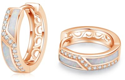 ZIPPICE Opal Ohrringe Damen 925 Sterling Silber Creolen Klein Roségold Zirkon Schmuck - Weiß Opal Geschenke für Frauen Ehefrau Mädchen 15mm