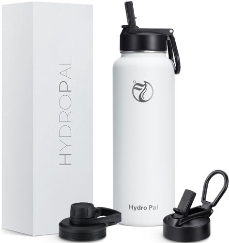 HydroPal Edelstahl Trinkflasche - 750ml, 1L, 1,2L, BPA-Frei, Kohlensäure geeignet, Isolierte flasche mit Strohhalm & 2 Deckel, Auslaufsichere Isolierflasche für Sport (Weiß, 1200 ml)