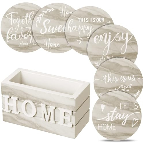 Queekay House Warming Gifts New Home Farmhouse Coasters Set of 6, Creamy | Wooden Coasters for Drink with Holder, 4'', Funny Home Decoration for Family Coffee Bar Table Protection, New Home Gift Ideas