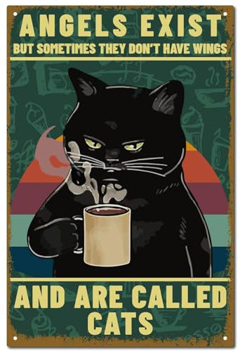 CREATCABIN Engel Katze Kaffee Metall Blechschild Retro Blechschild Poster Wanddekoration Vintage Malerei Plakette Eisenschild Kunstwand Hängende Verzierung Für Café Zuhause Bier Badezimmer 30x20cm