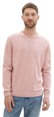 TOM TAILOR Herren Basic Pullover mit V-Ausschnitt aus Baumwolle, 36306 - Dusty Pink Melange, M