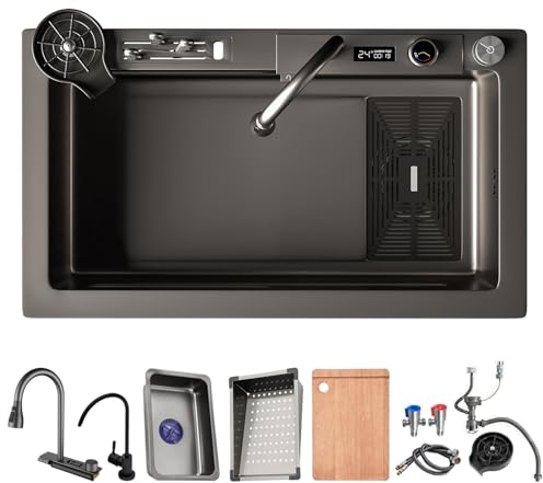 Fregadero de Cocina Inteligente con Lavadora de Copa Presurizada, Caja de Cuchillo de Soporte de Cuchillo Fregadero de Cocina con Grifo de Cascada 304 Fregadero de Cascada de Acero Inoxidable de Acero