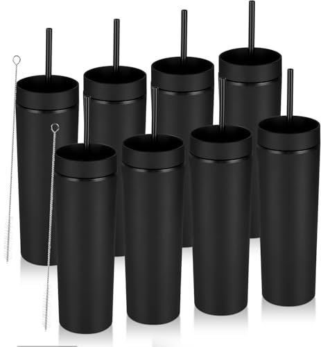 Futtumy Black Skinny Tumbler mit Deckel und Strohhalm (8 Stück), 473 ml, schwarze Trinkgläser in Großpackung, Mate-Black Tumbler, Acrylbecher, matt, wiederverwendbare Becher mit Deckel und Strohhalm,