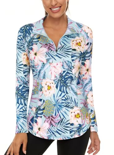 Akiooue Gym Top Women, Sports Shirts Running Top Long Sleeve Women Polo Shirt Ladies 1/4 Zip Up Workout Tops Womens Floral Polo Shirts