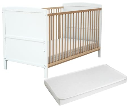 At4 - Verstellbares Babybett aus Holz ESSENTIEL mit Matratze Weiß 70 x 140 cm (Weiß und lackierter Buche)