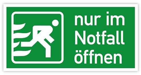 Aufkleber Rettungszeichen Fluchtweg Notausgang „nur im Notfall öffnen“ Zusatzschild | Folie laminiert | 148x74mm Made in Germany
