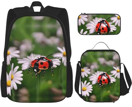 KoNsev Ladybug Daisy 3 Rucksäcke 40,6 cm Vorschule Schule Büchertasche und Lunchbox für Grundschulkinder, Schwarz , Einheitsgröße, Schulranzen-Set