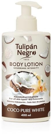 Tulipán Negro Loción Corporal con dosificador Coco Pure White, máxima hidratación 400 ml, intensamente perfumado y para todo tipo de pieles