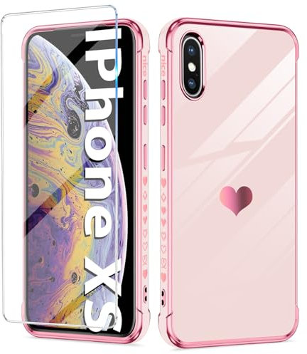 Handyhülle für iPhone X/XS Hülle mit iPhone XS Schutzfolie, Cute Herz Muster Weich Silikon Galvanik für iPhone X Handytasche Case, Kameraschutz Stoßfest Schutzhülle für iPhone XS/X Handy (Rosa)